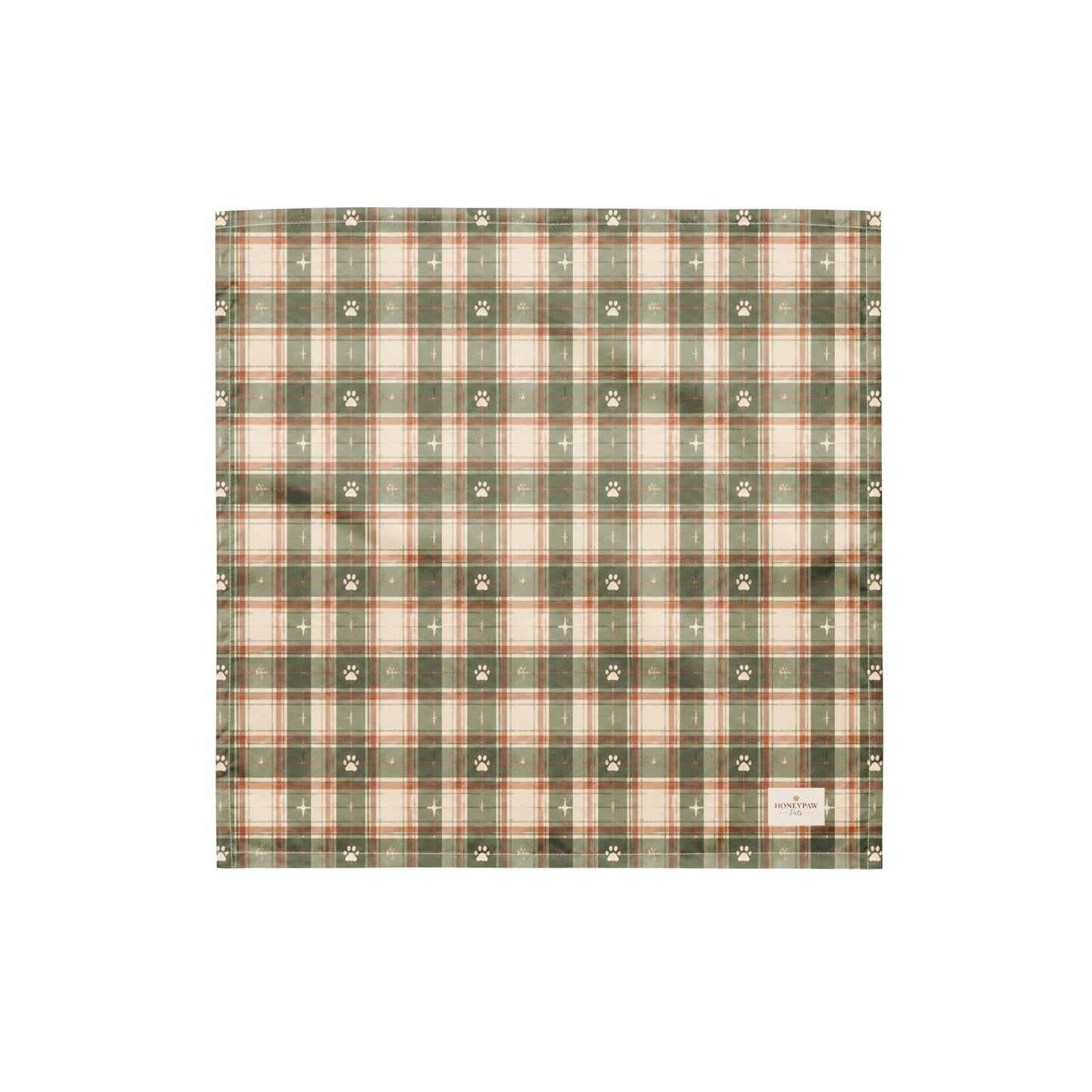Trail Buddy dog bandana featuring a green plaid pattern with paw prints by HoneyPaw Pets.