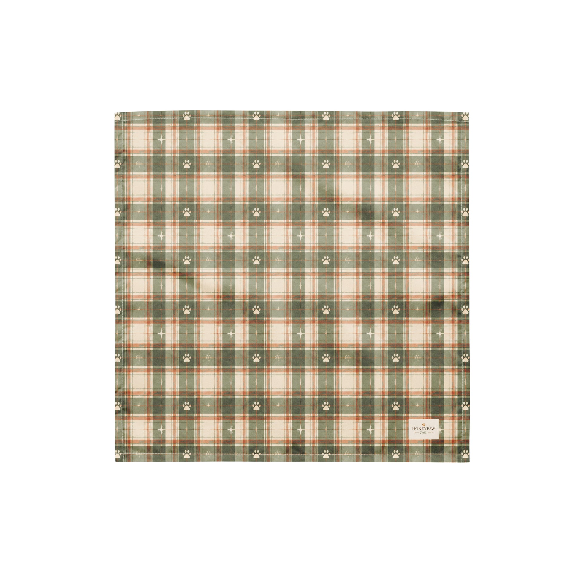 Trail Buddy dog bandana featuring a green plaid pattern with paw prints by HoneyPaw Pets.