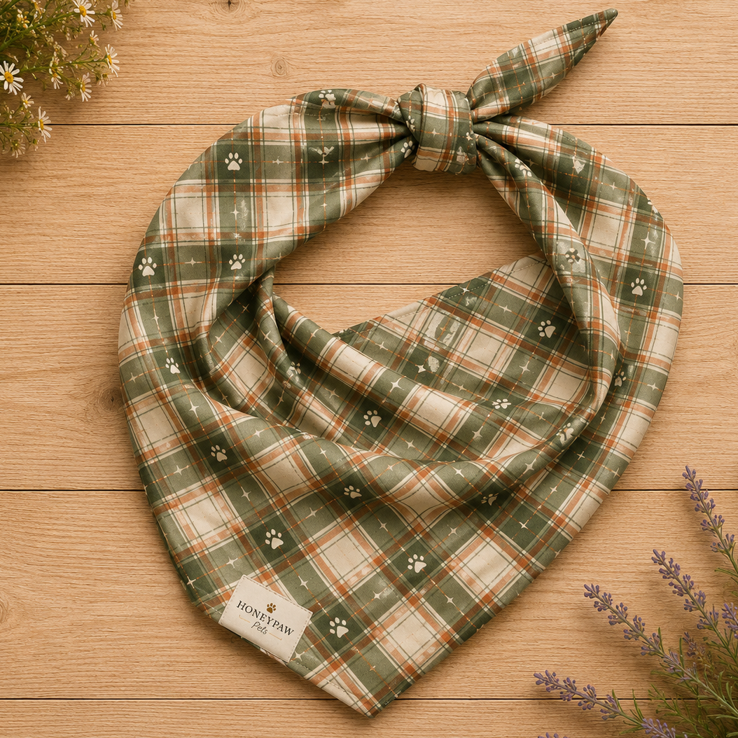 Trail Buddy dog bandana featuring a green plaid pattern with paw prints by HoneyPaw Pets.