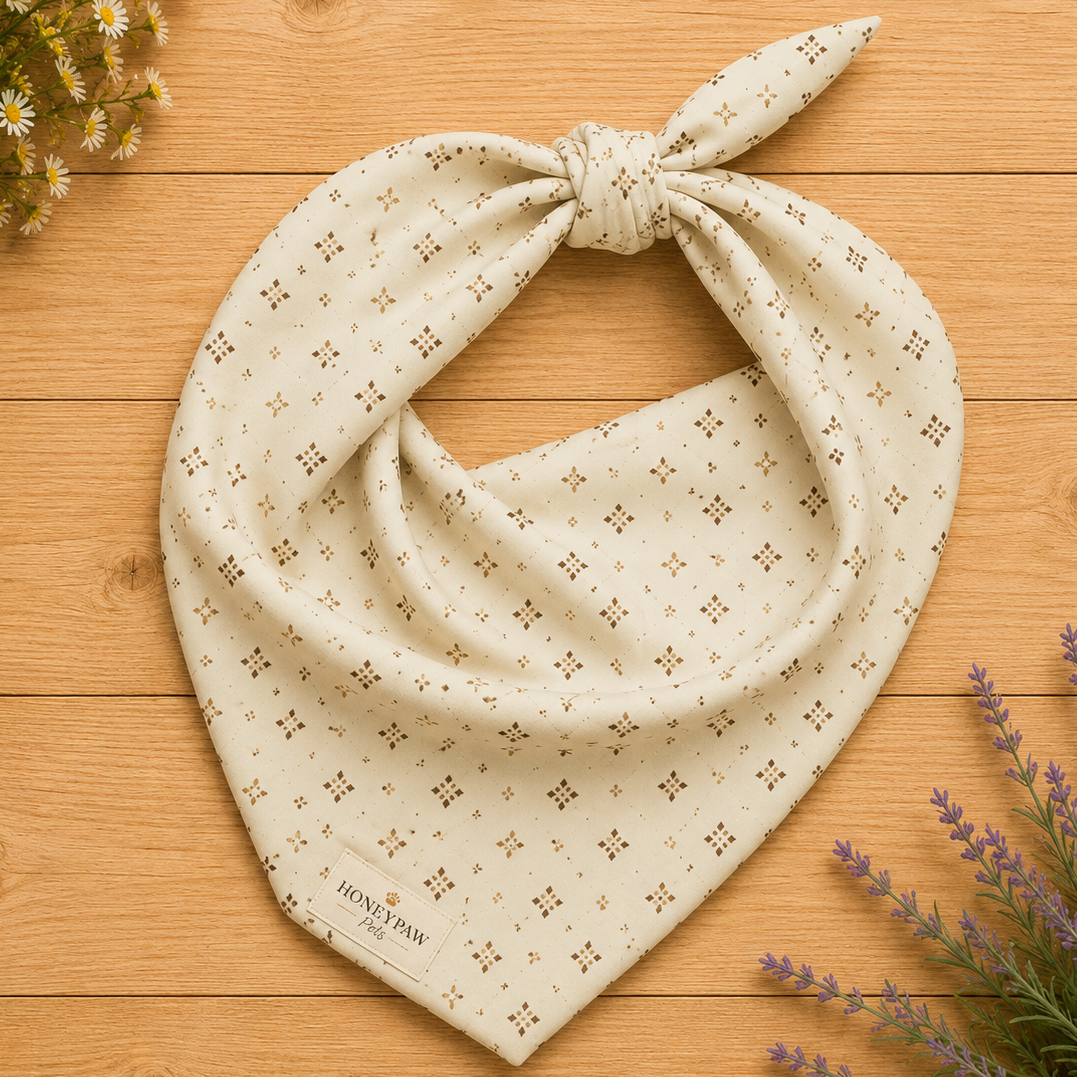 Tumbleweed Tails dog bandana featuring a cream background with a subtle western-inspired geometric pattern in warm tan tones by HoneyPaw Pets.