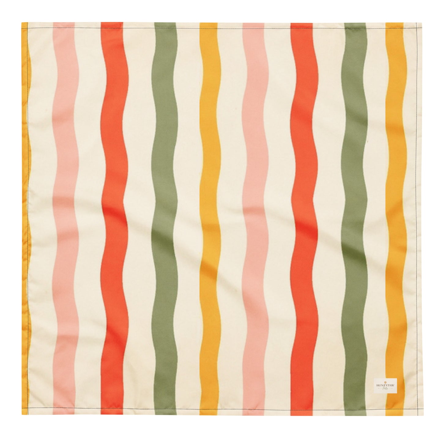 Tutti Frutti dog bandana featuring playful wavy stripes in coral, sage green, blush pink, and golden yellow on a cream background by HoneyPaw Pets.