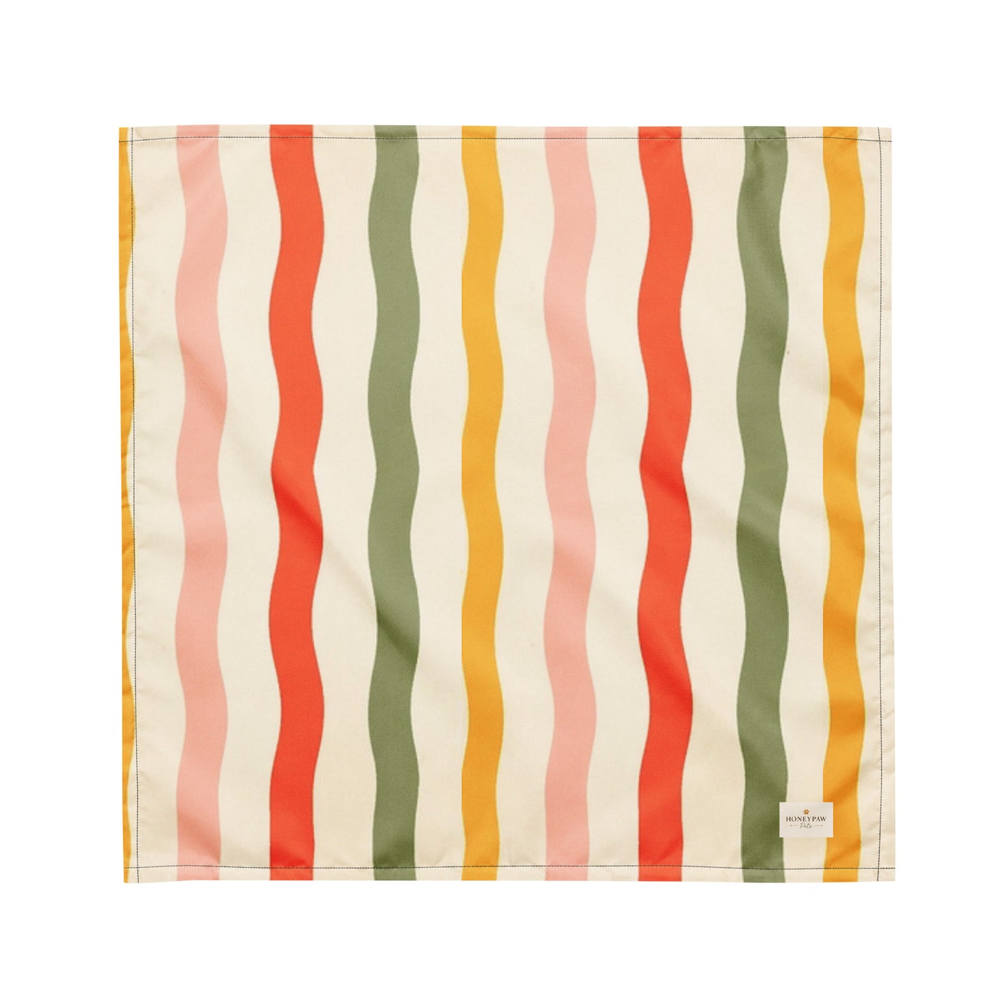 Tutti Frutti dog bandana featuring playful wavy stripes in coral, sage green, blush pink, and golden yellow on a cream background by HoneyPaw Pets.