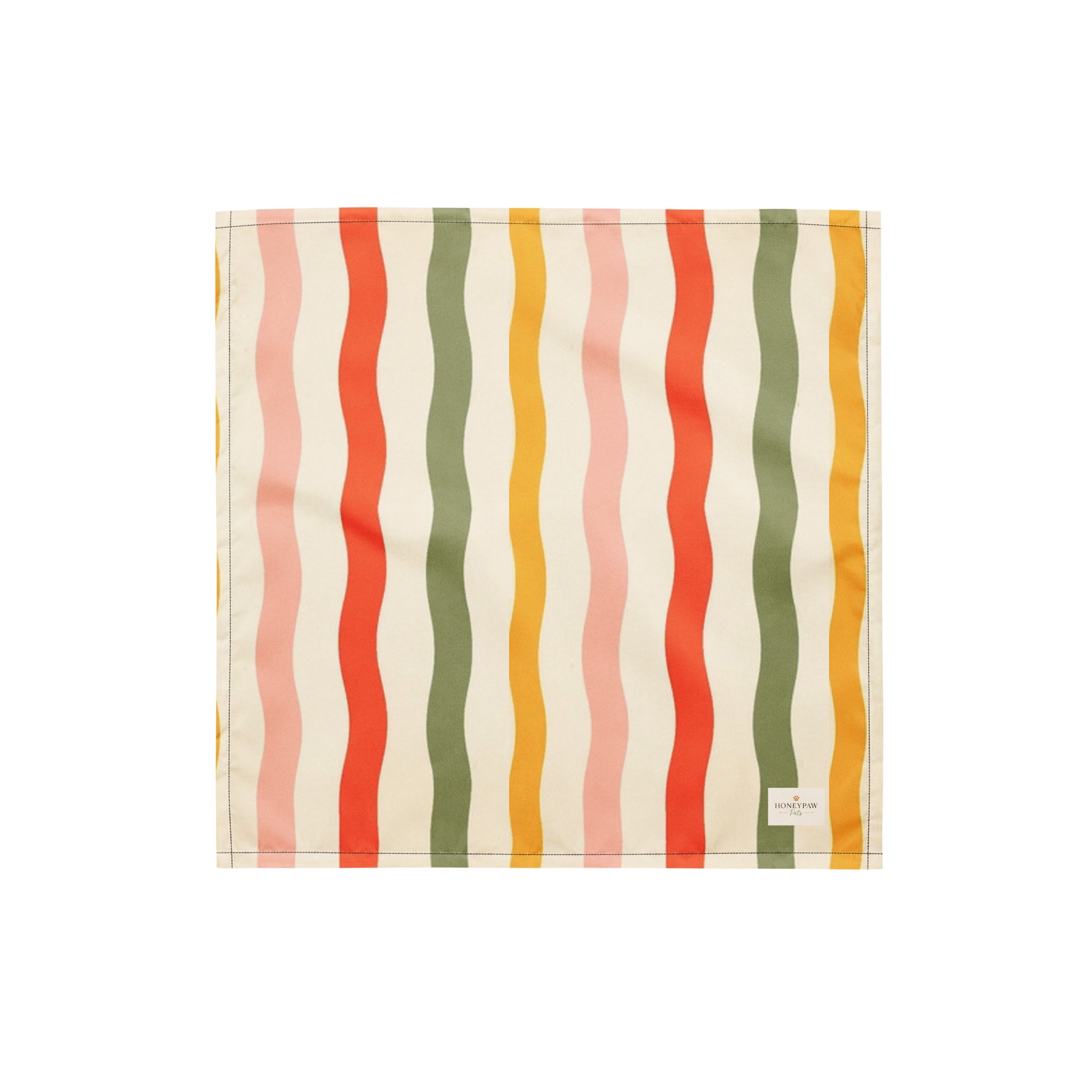 Tutti Frutti dog bandana featuring playful wavy stripes in coral, sage green, blush pink, and golden yellow on a cream background by HoneyPaw Pets.