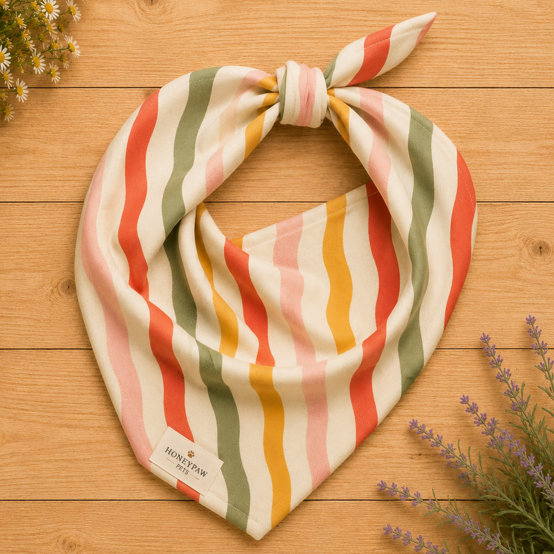 Tutti Frutti dog bandana featuring playful wavy stripes in coral, sage green, blush pink, and golden yellow on a cream background by HoneyPaw Pets.