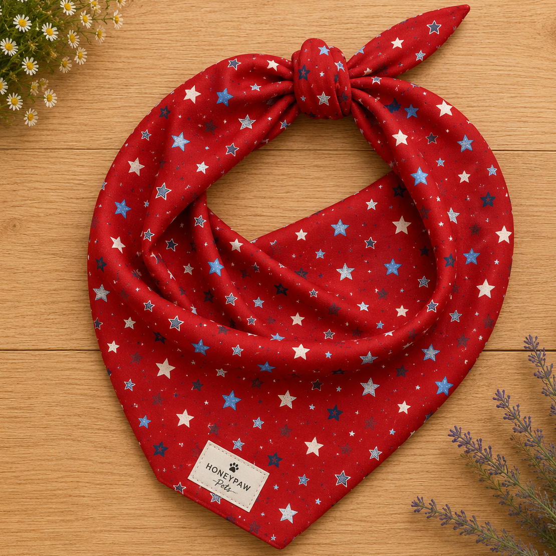 Twinkle Tails dog bandana featuring a patriotic star pattern on a red background by HoneyPaw Pets.