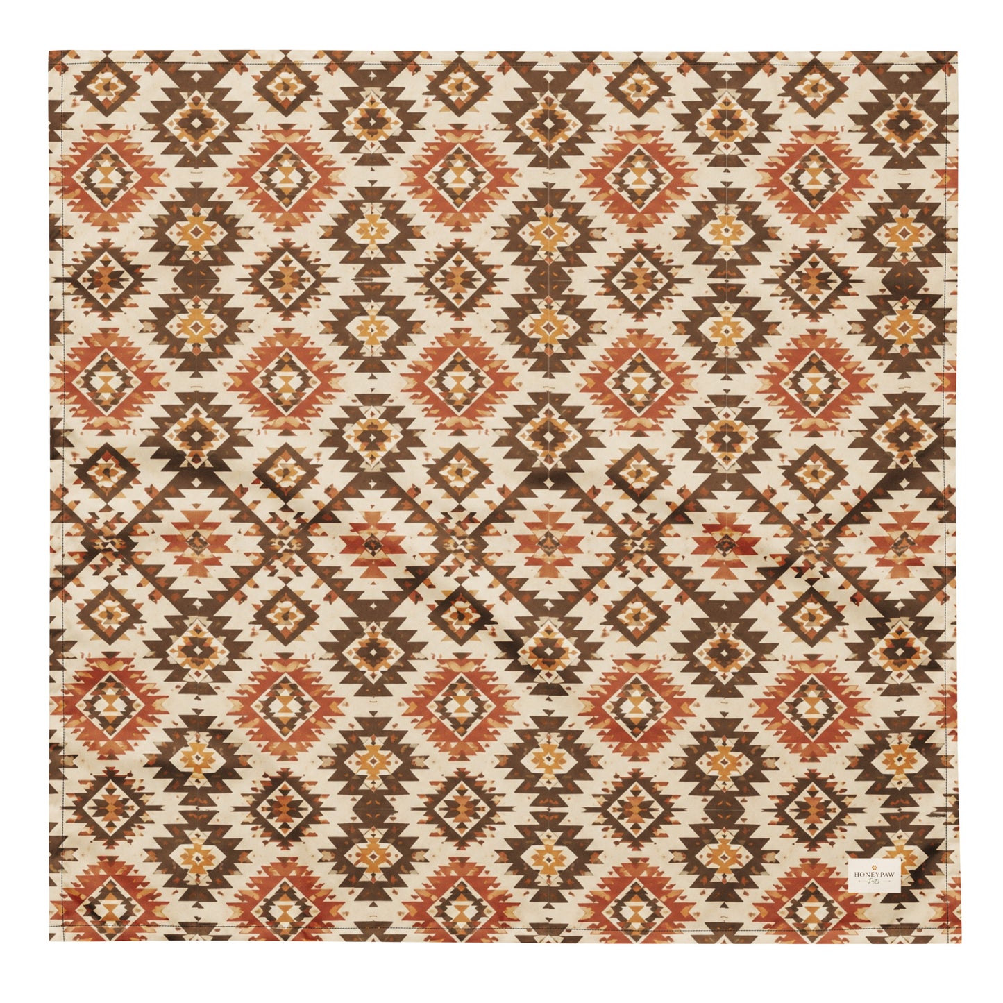 Waggin’ West dog bandana featuring a southwestern-inspired geometric pattern in warm brown, rust, and cream tones by HoneyPaw Pets.