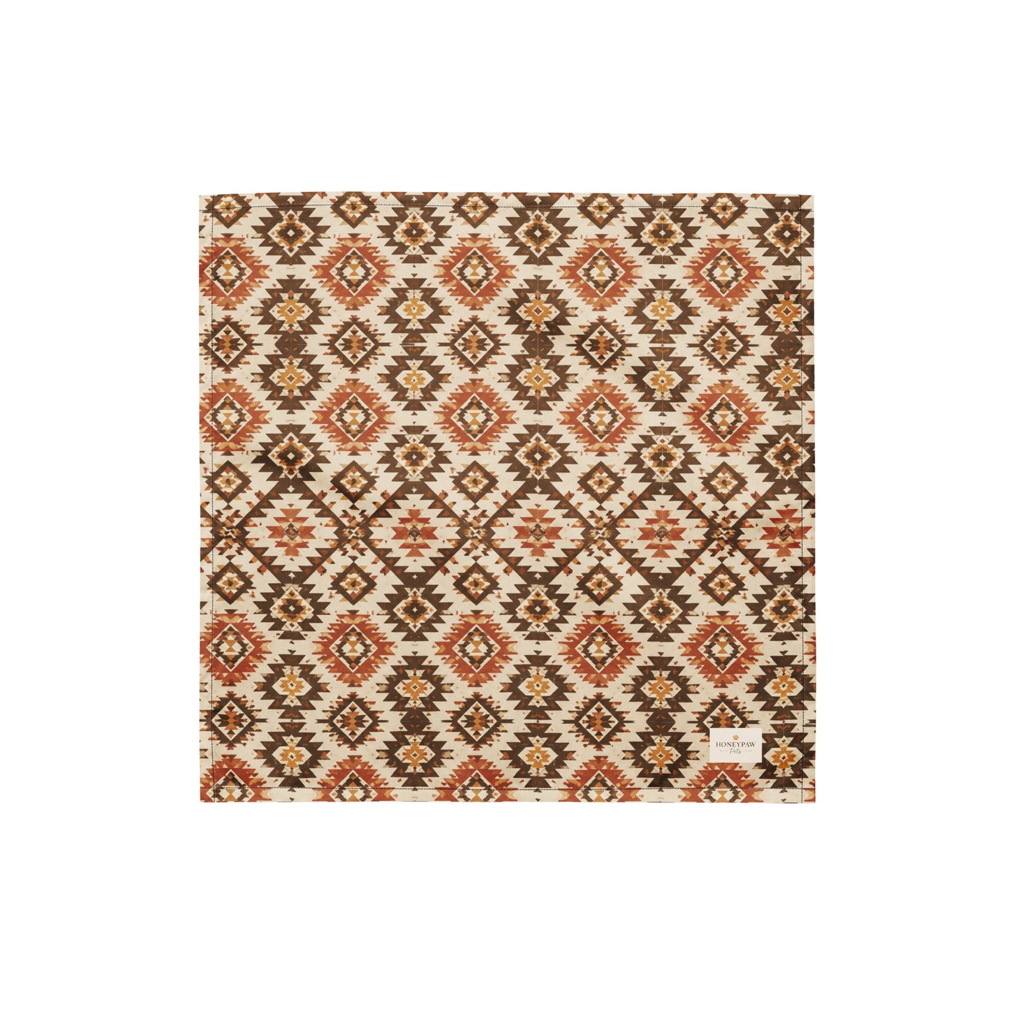 Waggin’ West dog bandana featuring a southwestern-inspired geometric pattern in warm brown, rust, and cream tones by HoneyPaw Pets.