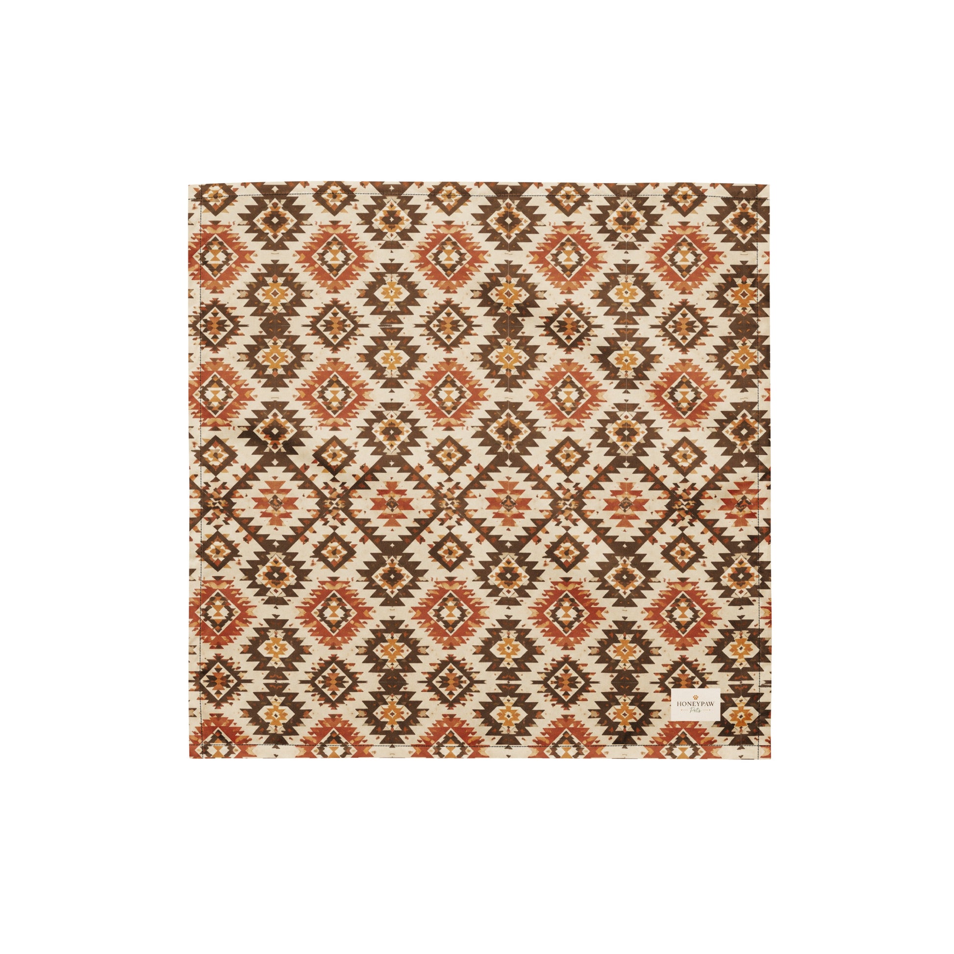 Waggin’ West dog bandana featuring a southwestern-inspired geometric pattern in warm brown, rust, and cream tones by HoneyPaw Pets.