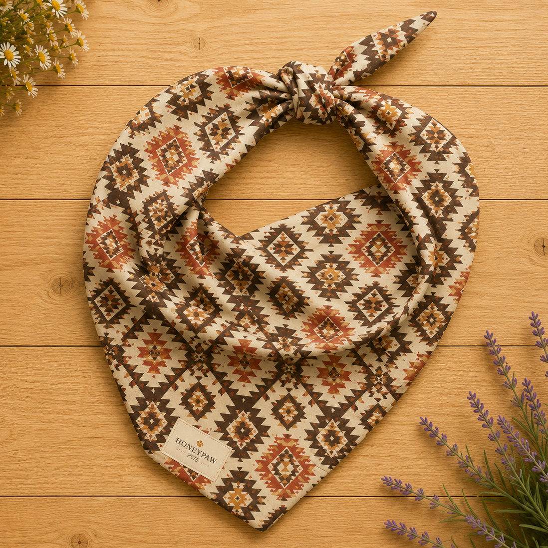 Waggin’ West dog bandana featuring a southwestern-inspired geometric pattern in warm brown, rust, and cream tones by HoneyPaw Pets.