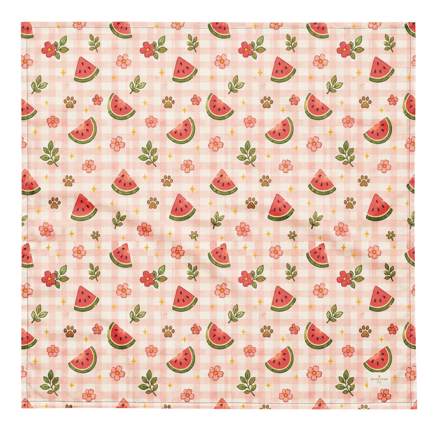 Watermelon Wiggles dog bandana featuring juicy watermelon slices, floral accents, and a soft pink plaid pattern on a cream background by HoneyPaw Pets.
