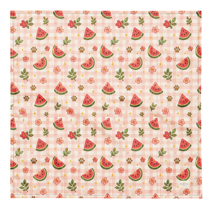 Watermelon Wiggles dog bandana featuring juicy watermelon slices, floral accents, and a soft pink plaid pattern on a cream background by HoneyPaw Pets.