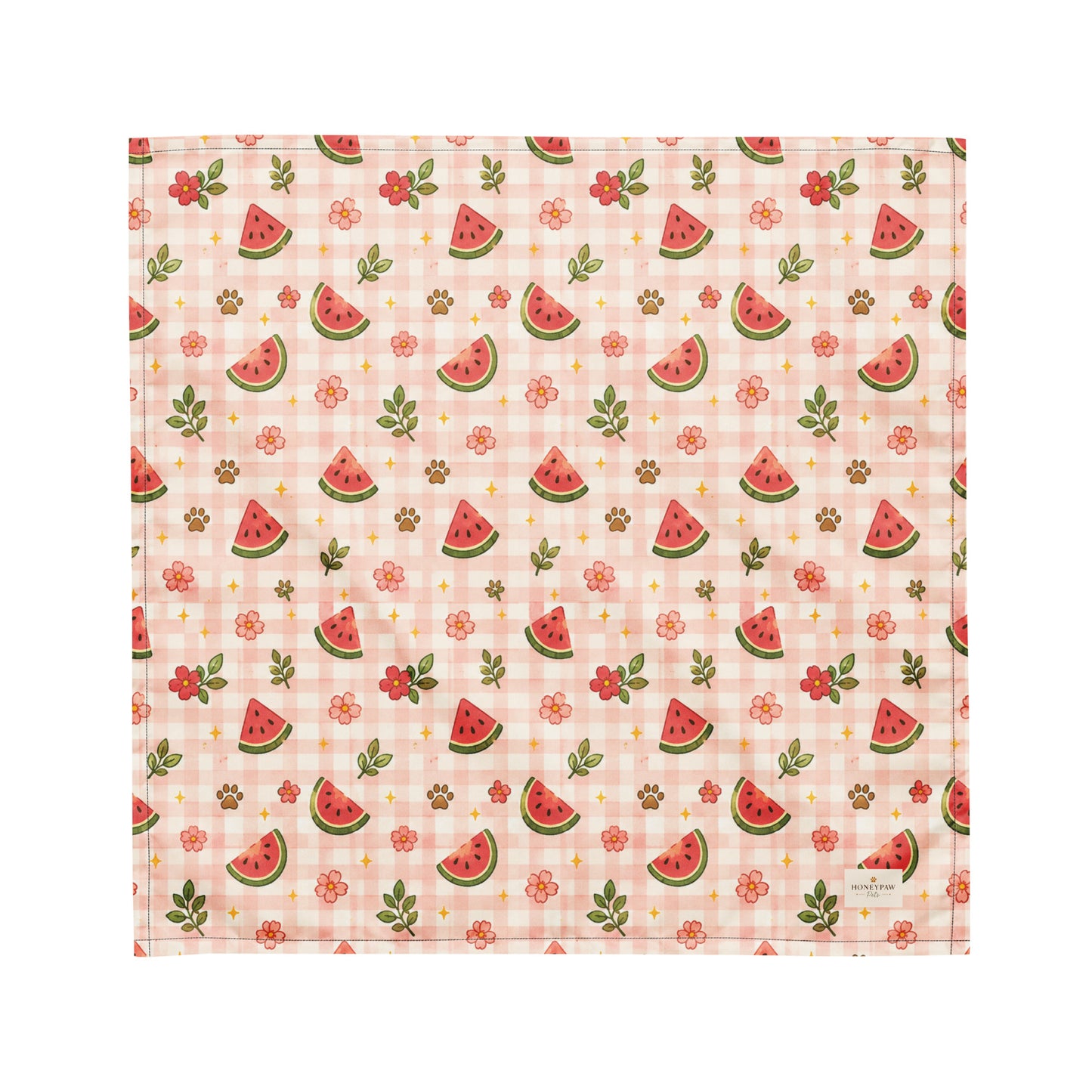 Watermelon Wiggles dog bandana featuring juicy watermelon slices, floral accents, and a soft pink plaid pattern on a cream background by HoneyPaw Pets.