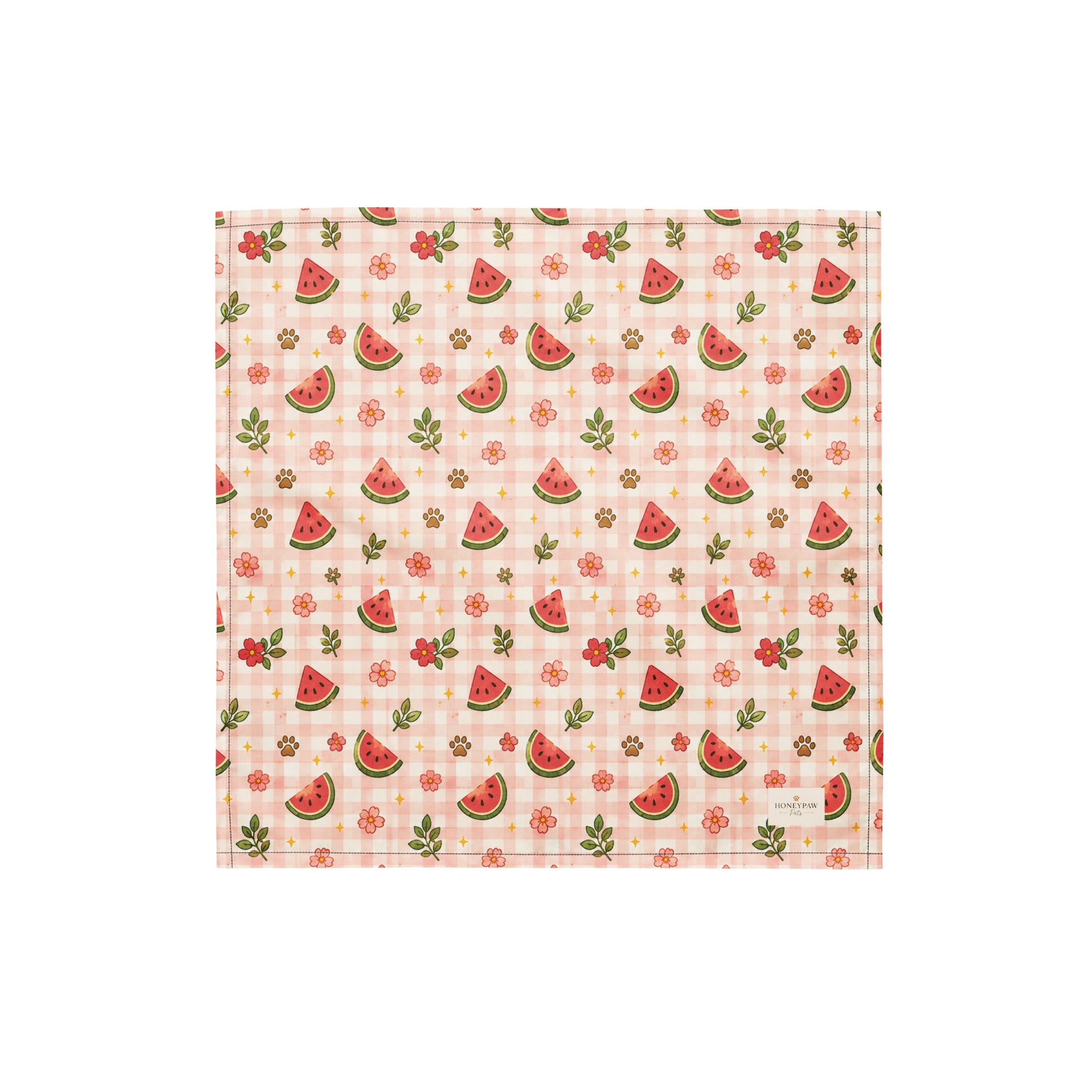 Watermelon Wiggles dog bandana featuring juicy watermelon slices, floral accents, and a soft pink plaid pattern on a cream background by HoneyPaw Pets.