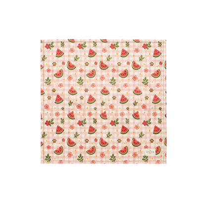 Watermelon Wiggles dog bandana featuring juicy watermelon slices, floral accents, and a soft pink plaid pattern on a cream background by HoneyPaw Pets.
