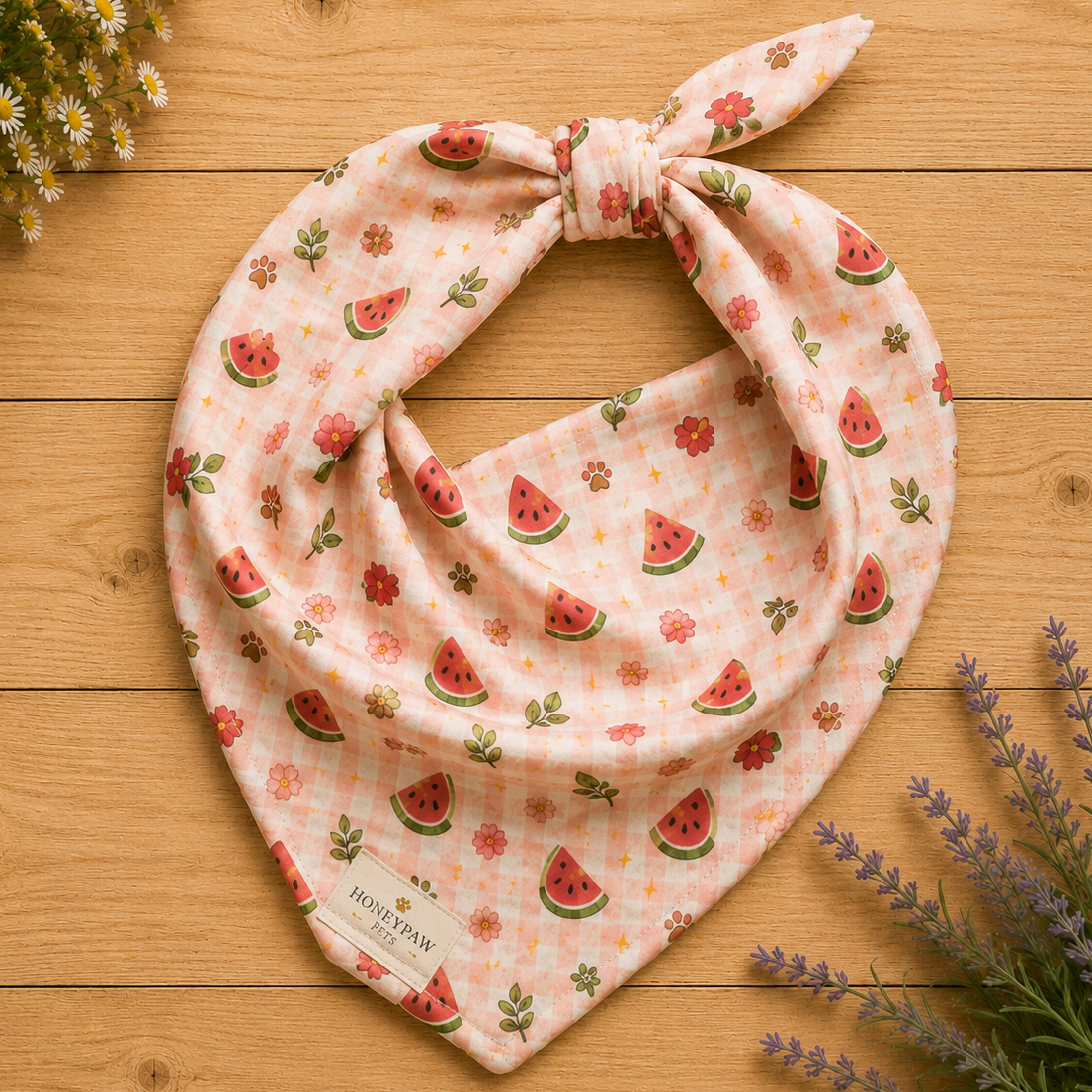 Watermelon Wiggles dog bandana featuring juicy watermelon slices, floral accents, and a soft pink plaid pattern on a cream background by HoneyPaw Pets.